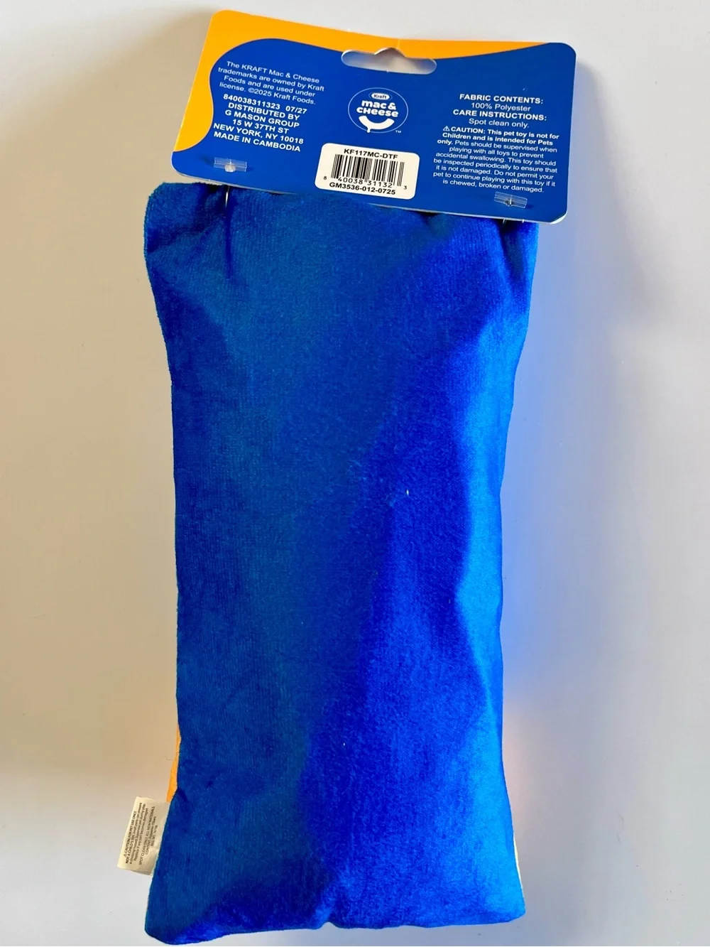 Kraft Mac & Cheese Blue & Orange Plush Dog Toy with Squeaker - NWT